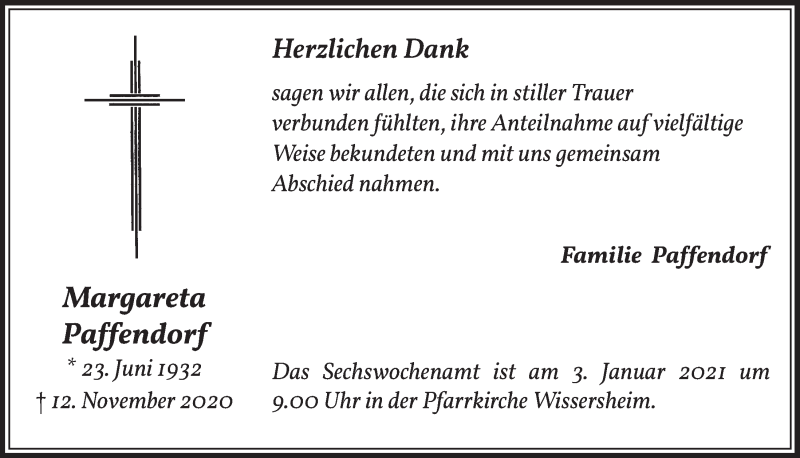  Traueranzeige für Margareta Paffendorf vom 02.01.2021 aus  Werbepost 