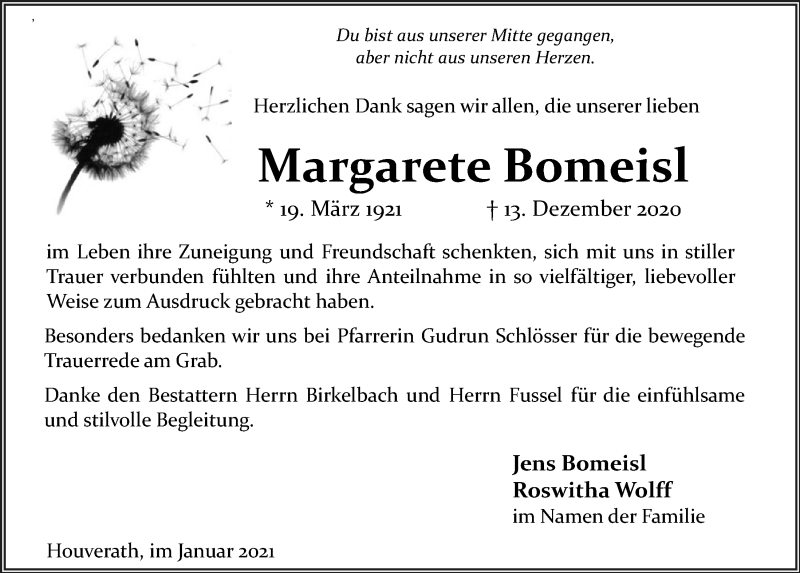  Traueranzeige für Margarete Bomeisl vom 16.01.2021 aus  Blickpunkt Euskirchen 