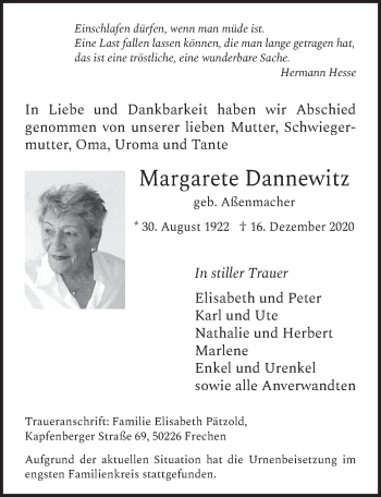 Anzeige von Margarete Dannewitz von  Wochenende 