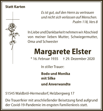 Anzeige von Margarete Elster von  Lokalanzeiger 