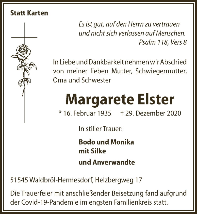  Traueranzeige für Margarete Elster vom 08.01.2021 aus  Lokalanzeiger 