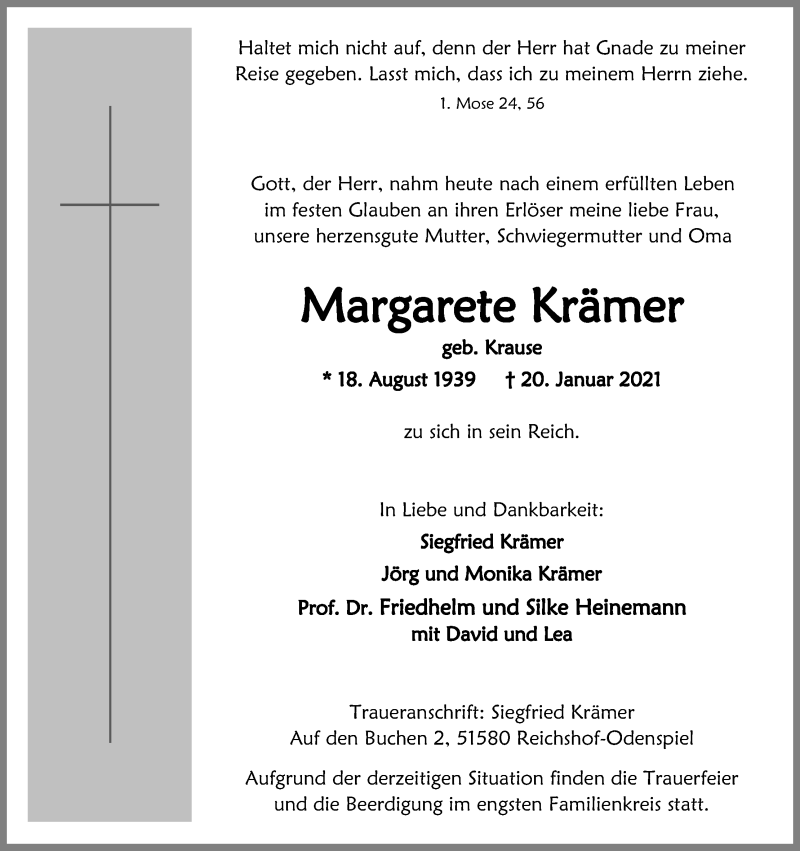  Traueranzeige für Margarete Krämer vom 23.01.2021 aus Kölner Stadt-Anzeiger / Kölnische Rundschau / Express