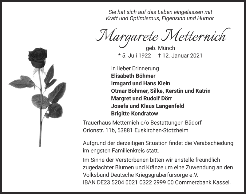 Traueranzeige für Margarete Metternich vom 23.01.2021 aus  Blickpunkt Euskirchen 