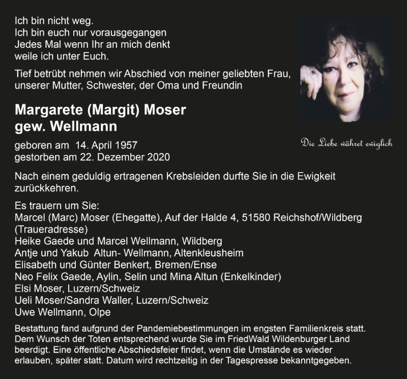  Traueranzeige für Margarete  Moser vom 15.01.2021 aus  Anzeigen Echo 