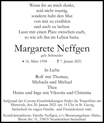 Anzeige von Margarete Neffgen von Kölner Stadt-Anzeiger / Kölnische Rundschau / Express
