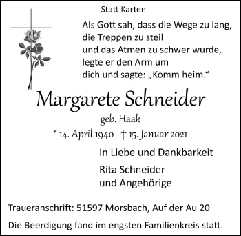 Anzeige von Margarete Schneider von  Lokalanzeiger 