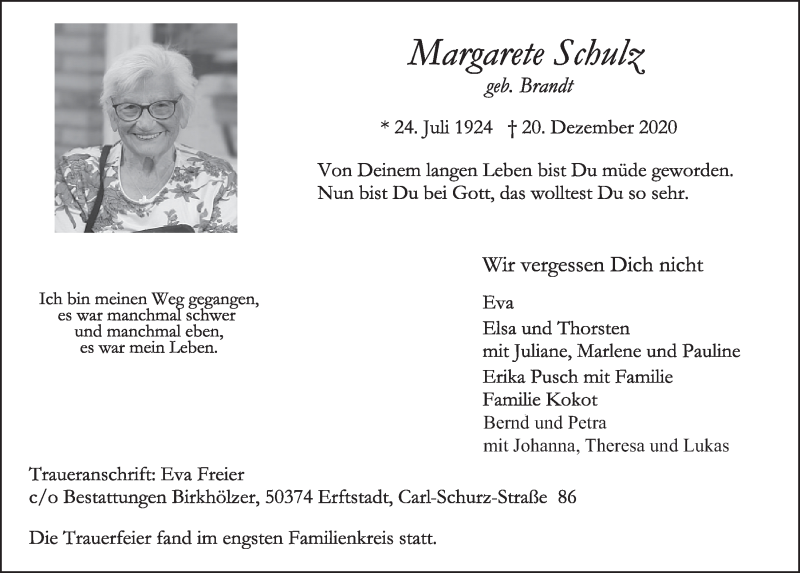  Traueranzeige für Margarete Schulz vom 15.01.2021 aus  Werbepost 