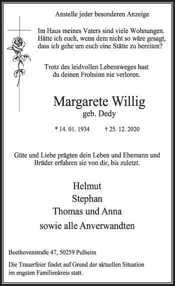 Anzeige von Margarete Willig von  Wochenende 