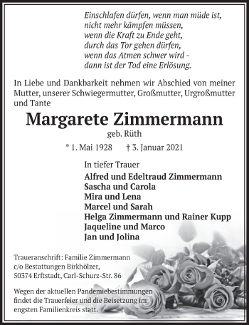 Anzeige von Margarete Zimmermann von  Werbepost 