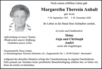 Anzeige von Margaretha Theresia Anhalt von  Werbepost 