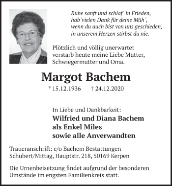 Anzeige von Margot Bachem von  Werbepost 