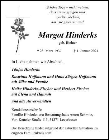 Anzeige von Margot Hinderks von Kölner Stadt-Anzeiger / Kölnische Rundschau / Express