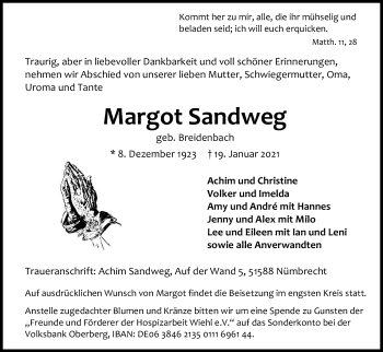 Anzeige von Margot Sandweg von Kölner Stadt-Anzeiger / Kölnische Rundschau / Express