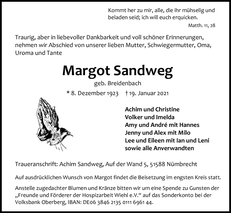  Traueranzeige für Margot Sandweg vom 23.01.2021 aus Kölner Stadt-Anzeiger / Kölnische Rundschau / Express