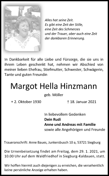 Anzeige von Margot Hella Hinzmann von Kölner Stadt-Anzeiger / Kölnische Rundschau / Express