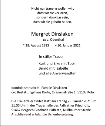 Anzeige von Margret Dinslaken von  Bergisches Handelsblatt 