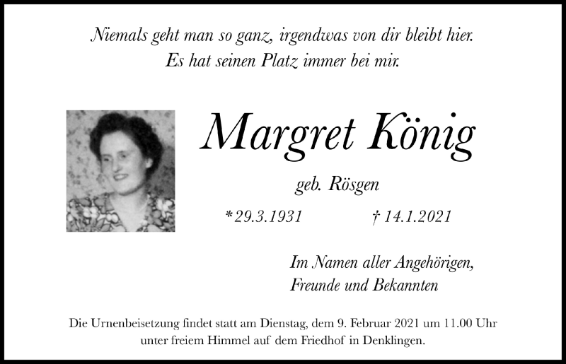  Traueranzeige für Margret König vom 29.01.2021 aus  Lokalanzeiger 