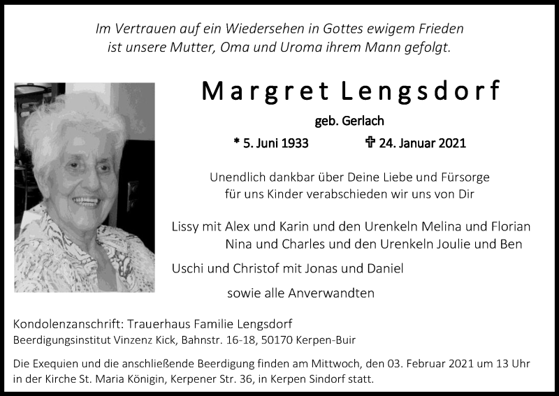  Traueranzeige für Margret Lengsdorf vom 30.01.2021 aus Kölner Stadt-Anzeiger / Kölnische Rundschau / Express