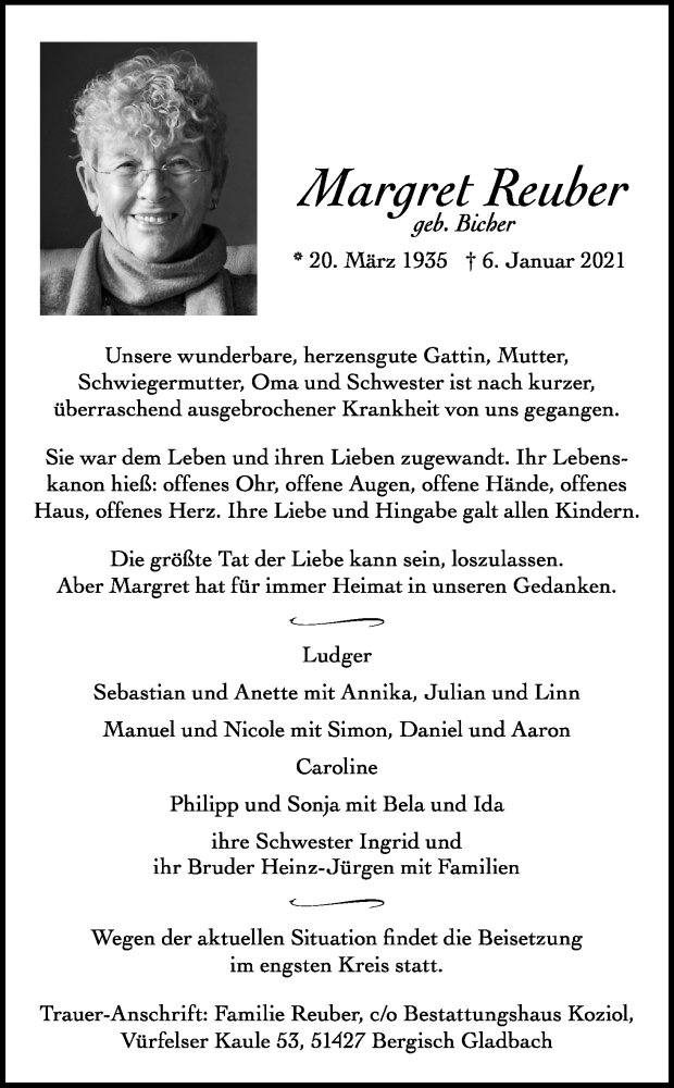  Traueranzeige für Margret Reuber vom 16.01.2021 aus Kölner Stadt-Anzeiger / Kölnische Rundschau / Express