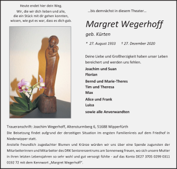 Anzeige von Margret Wegerhoff von Kölner Stadt-Anzeiger / Kölnische Rundschau / Express
