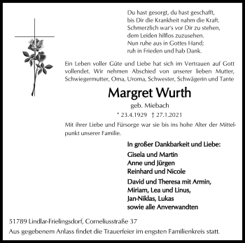 Anzeige von Margret Wurth von Kölner Stadt-Anzeiger / Kölnische Rundschau / Express