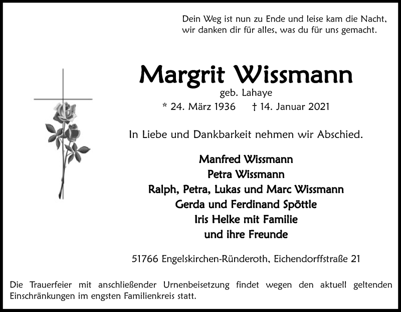  Traueranzeige für Margrit Wissmann vom 20.01.2021 aus Kölner Stadt-Anzeiger / Kölnische Rundschau / Express