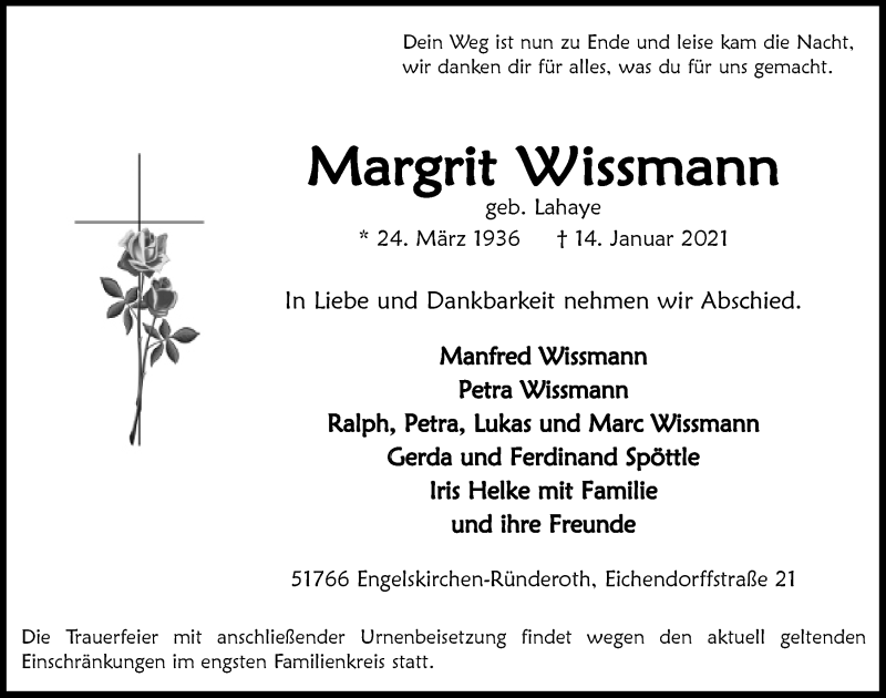  Traueranzeige für Margrit Wissmann vom 22.01.2021 aus  Anzeigen Echo 