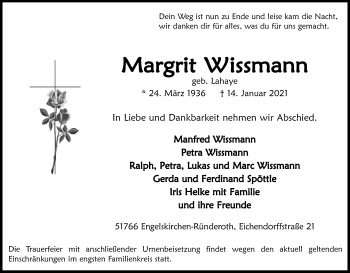 Anzeige von Margrit Wissmann von Kölner Stadt-Anzeiger / Kölnische Rundschau / Express