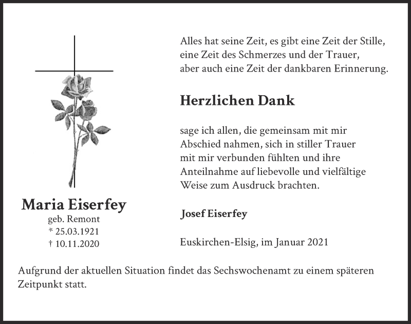  Traueranzeige für Maria Eiserfey vom 09.01.2021 aus  Blickpunkt Euskirchen 
