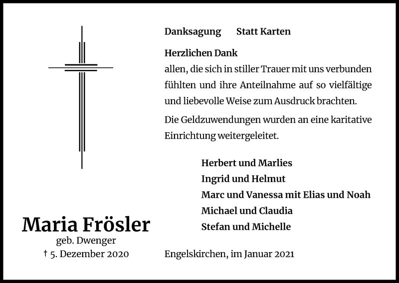  Traueranzeige für Maria Frösler vom 09.01.2021 aus Kölner Stadt-Anzeiger / Kölnische Rundschau / Express