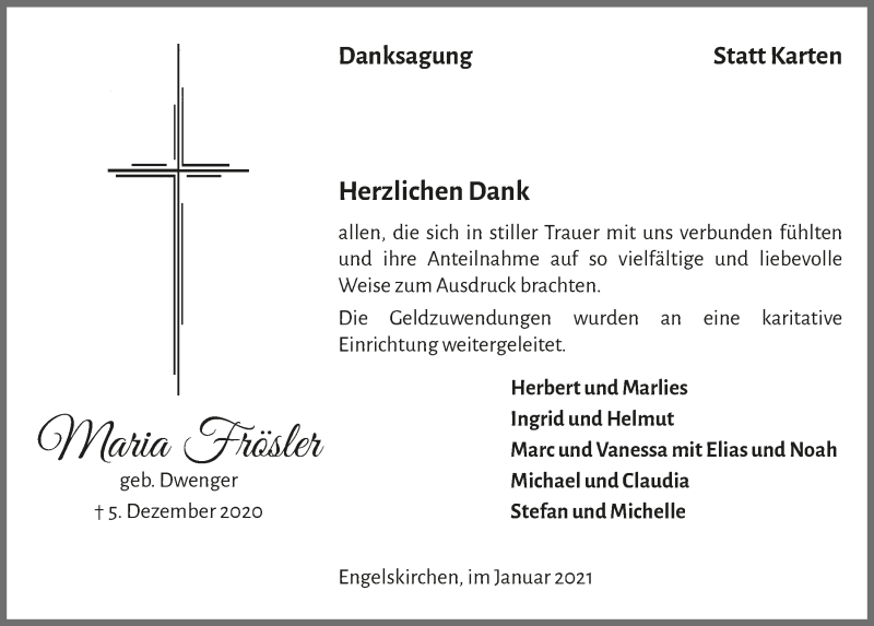  Traueranzeige für Maria Frösler vom 08.01.2021 aus  Anzeigen Echo 