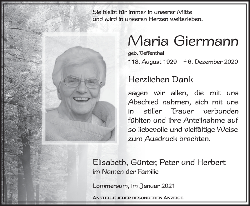  Traueranzeige für Maria Giermann vom 30.01.2021 aus  Blickpunkt Euskirchen 