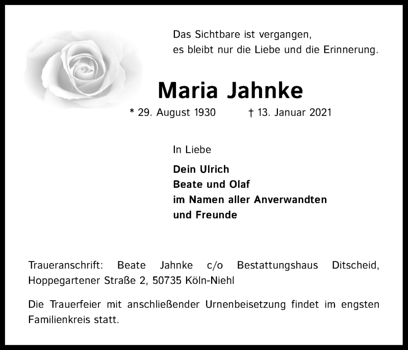  Traueranzeige für Maria Jahnke vom 23.01.2021 aus Kölner Stadt-Anzeiger / Kölnische Rundschau / Express