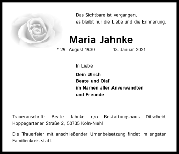 Anzeige von Maria Jahnke von Kölner Stadt-Anzeiger / Kölnische Rundschau / Express