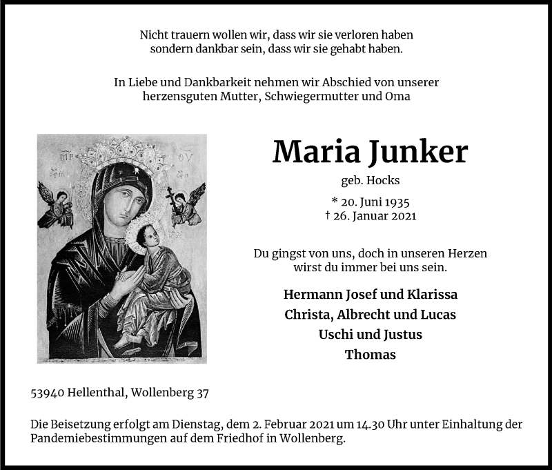  Traueranzeige für Maria Junker vom 30.01.2021 aus Kölner Stadt-Anzeiger / Kölnische Rundschau / Express