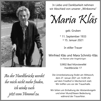 Anzeige von Maria KLäs von  Blickpunkt Euskirchen 