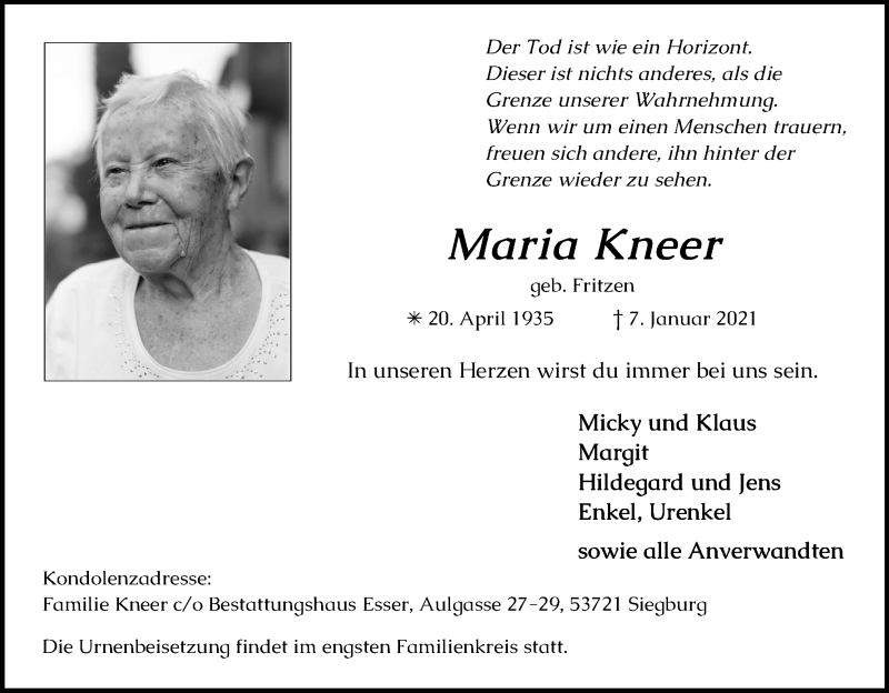  Traueranzeige für Maria Kneer vom 16.01.2021 aus Kölner Stadt-Anzeiger / Kölnische Rundschau / Express