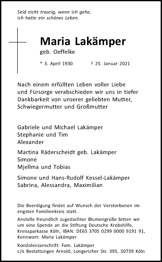  Traueranzeige für Maria Lakämper vom 30.01.2021 aus Kölner Stadt-Anzeiger / Kölnische Rundschau / Express