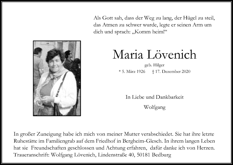  Traueranzeige für Maria Lövenich vom 30.01.2021 aus Kölner Stadt-Anzeiger / Kölnische Rundschau / Express