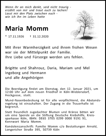 Anzeige von Maria Momm von Kölner Stadt-Anzeiger / Kölnische Rundschau / Express