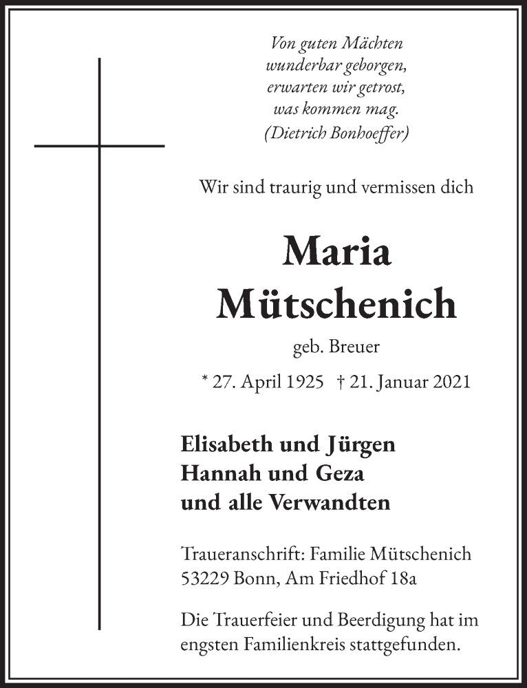  Traueranzeige für Maria Mütschenich vom 29.01.2021 aus  Schaufenster/Blickpunkt 