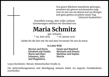Anzeige von Maria Schmitz von Kölner Stadt-Anzeiger / Kölnische Rundschau / Express