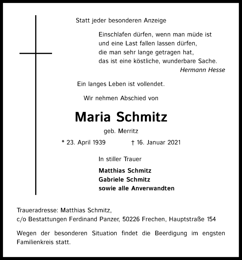  Traueranzeige für Maria Schmitz vom 23.01.2021 aus Kölner Stadt-Anzeiger / Kölnische Rundschau / Express