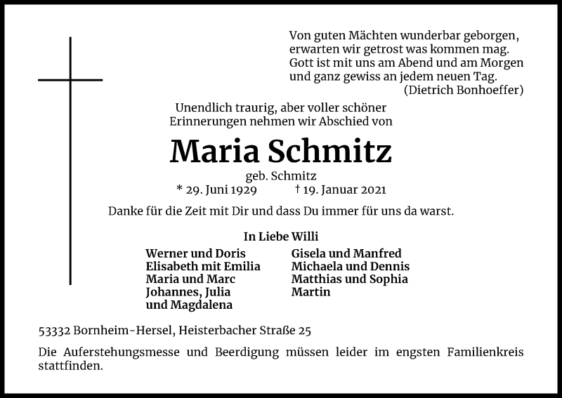  Traueranzeige für Maria Schmitz vom 23.01.2021 aus Kölner Stadt-Anzeiger / Kölnische Rundschau / Express