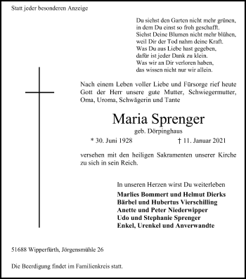 Anzeige von Maria Sprenger von Kölner Stadt-Anzeiger / Kölnische Rundschau / Express