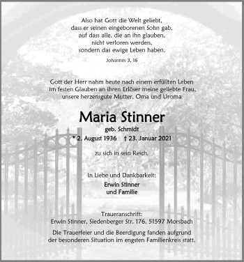 Anzeige von Maria Stinner von  Lokalanzeiger 