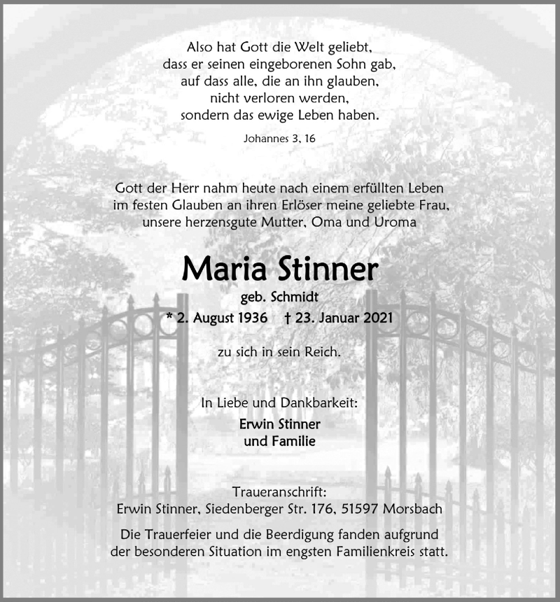  Traueranzeige für Maria Stinner vom 29.01.2021 aus  Lokalanzeiger 