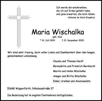 Anzeige von Maria Wischalka von Kölner Stadt-Anzeiger / Kölnische Rundschau / Express
