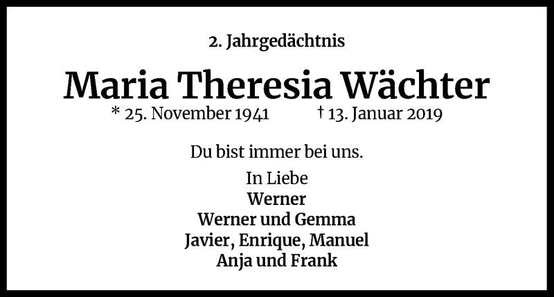  Traueranzeige für Maria Theresia Wächter vom 16.01.2021 aus Kölner Stadt-Anzeiger / Kölnische Rundschau / Express