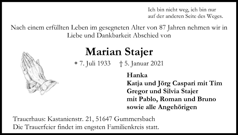  Traueranzeige für Marian Stajer vom 09.01.2021 aus Kölner Stadt-Anzeiger / Kölnische Rundschau / Express